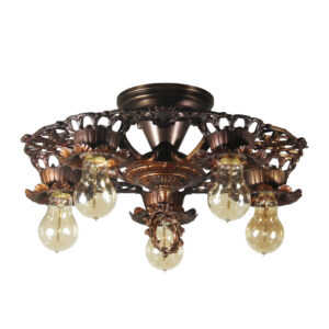 Antique Cast Iron Flush-Mount Chandelier with Exposed Bulbs