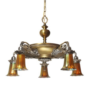 Antique Brass Figural Chandelier with Steuben Shades, “Gold Aurene”