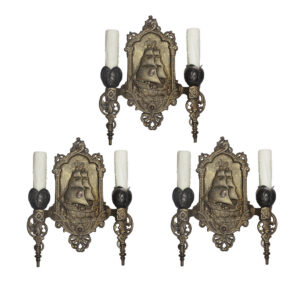 Set of Three Double-Arm Nautical Sconces by Lincoln, Antique Lighting Set of Three Double-Arm Nautical Sconces by Lincoln, Antique Lighting