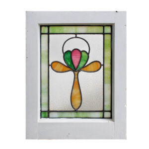 Antique American Stained Glass Window with Flower, Early 1900s