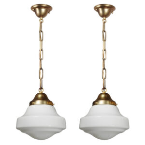 Matching Petite Antique Brass Schoolhouse Pendant Lights, c. 1920