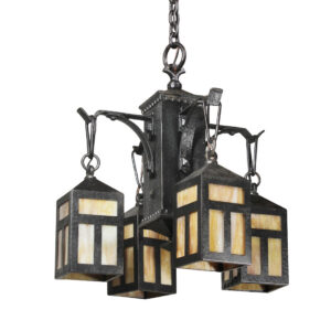 Antique Cast Iron Arts & Crafts Chandelier with Slag Glass