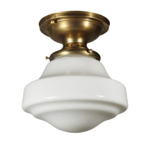 Antique Brass Flush Mount Light with Schoolhouse Shade, Early 1900’s