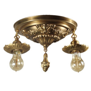Antique Brass Two-Light Flush Mount with Exposed Bulbs, Early 1900’s Antique Brass Two-Light Flush Mount with Exposed Bulbs, Early 1900’s