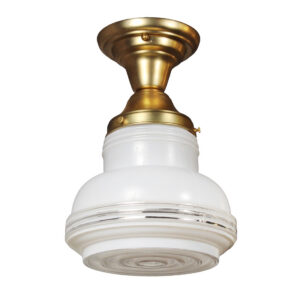 Antique Brass Flush Mount Light with Glass Shade, Early 1900’s