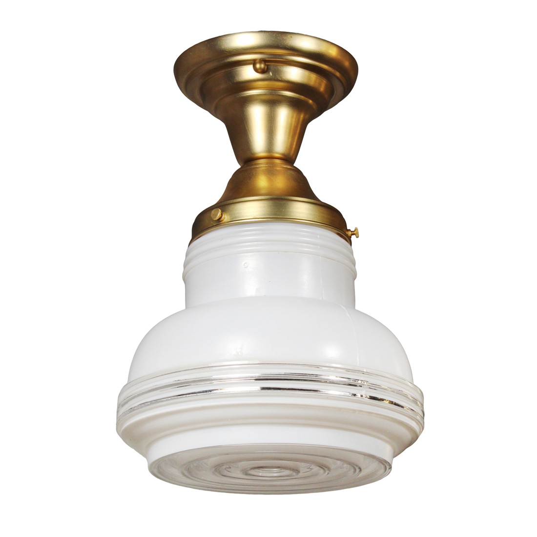 Antique Brass Flush Mount Light with Glass Shade, Early 1900’s