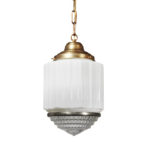 Antique Brass Art Deco Pendant Light with Two-Part Prismatic Shade, c. 1930