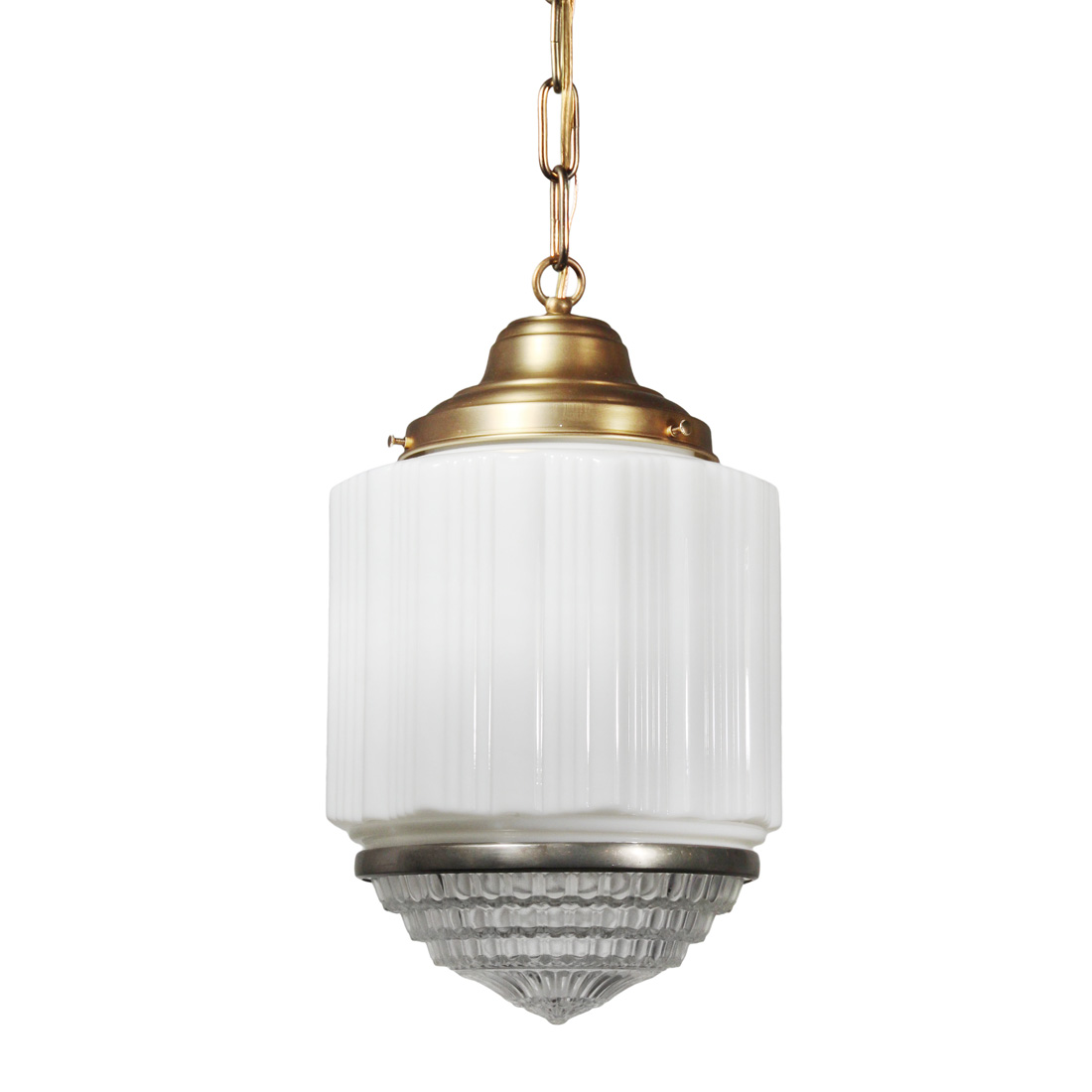 Antique Brass Art Deco Pendant Light with Two-Part Prismatic Shade, c. 1930