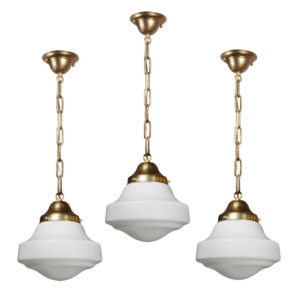Matching Petite Antique Brass Schoolhouse Pendant Lights, c. 1920