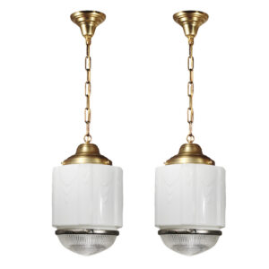 Matching Antique Brass Art Deco Pendant Lights with Two-Part Prismatic Shades