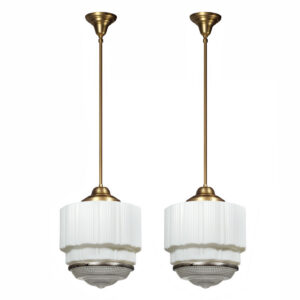 Antique Art Deco Skyscraper Pendant Lights with Two-Part Prismatic Shades
