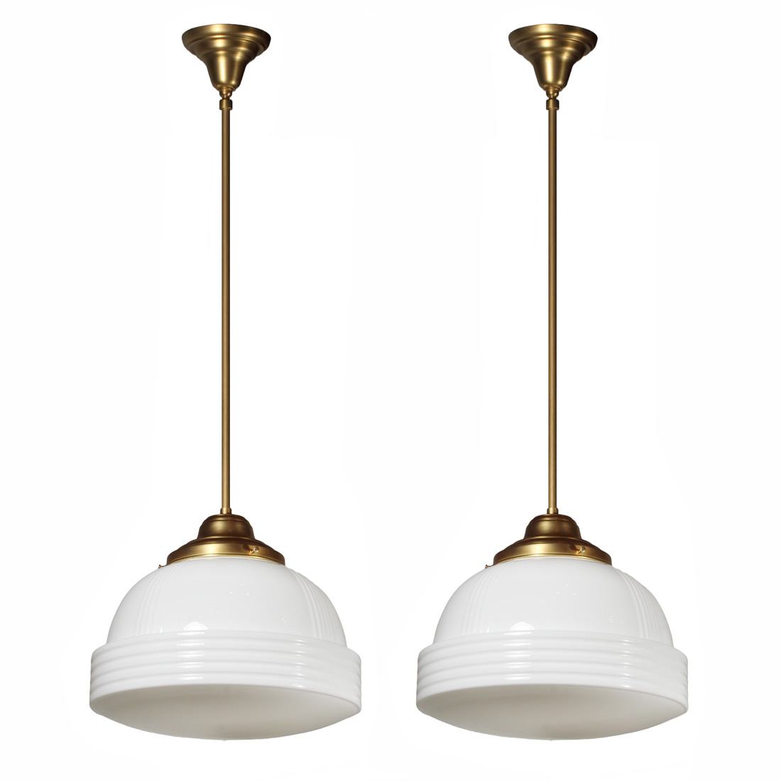 Large Antique Brass Schoolhouse Pendant Lights, Early 1900’s