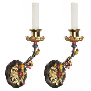 Antique Two-Tone Spanish Revival Single-Arm Sconces, Polychrome Antique Two-Tone Spanish Revival Single-Arm Sconces, Polychrome