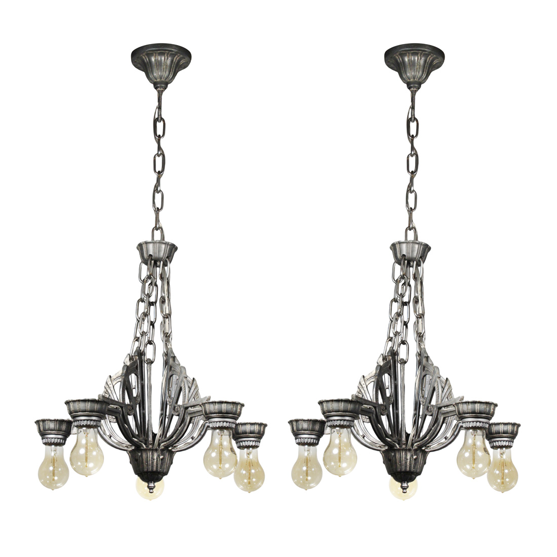 Matching Antique Art Deco Chandeliers with Exposed Bulbs