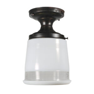 Antique Brass Flush Mount Light with Glass Shade, c. 1930