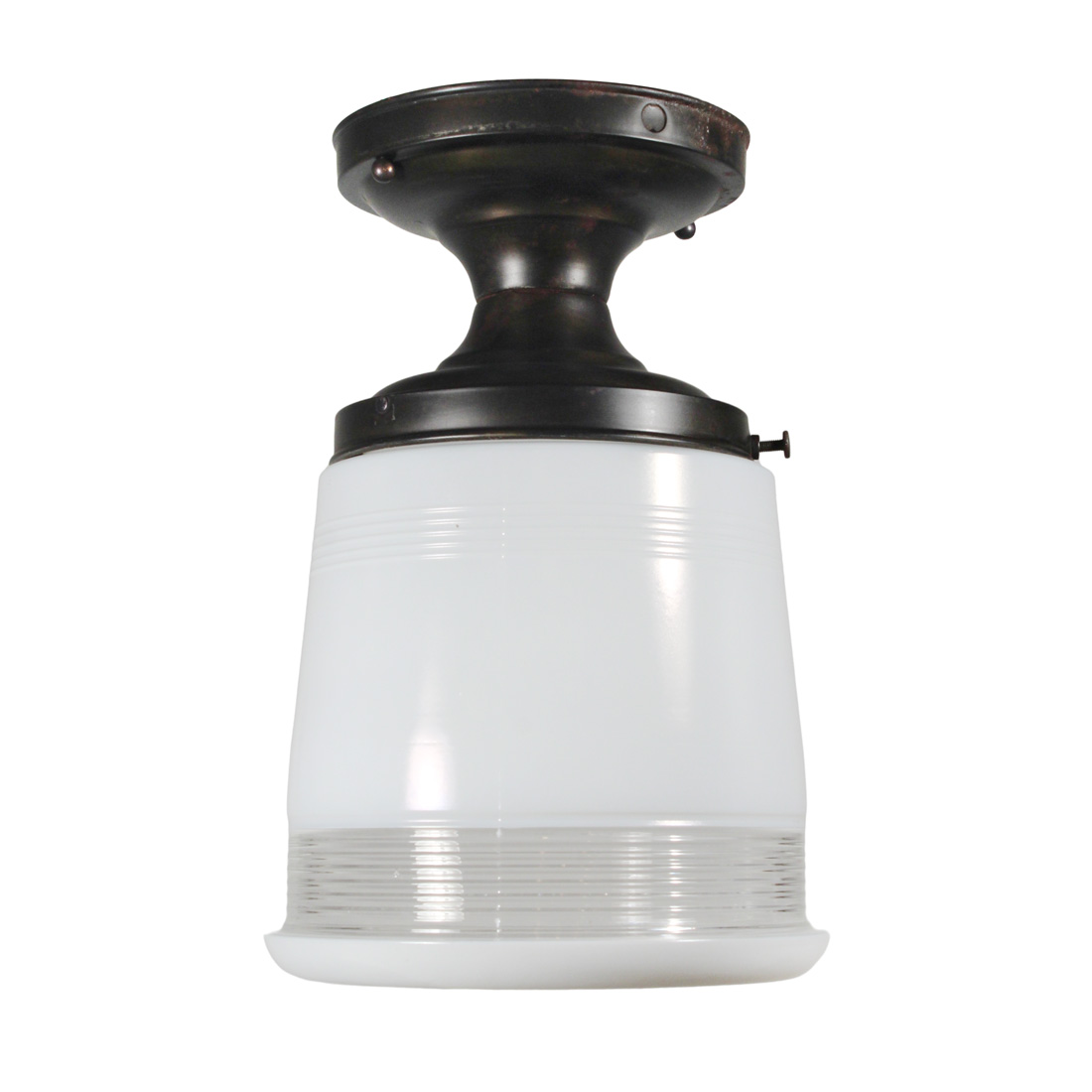 Antique Brass Flush Mount Light with Glass Shade, c. 1930