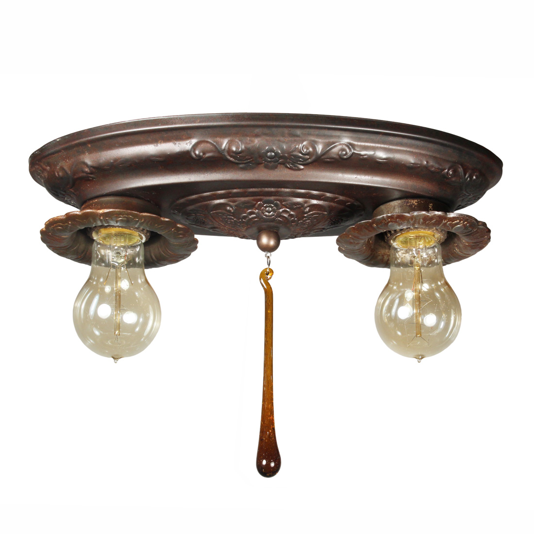 Antique Two-Light Flush Mount Fixture, Amber Prism