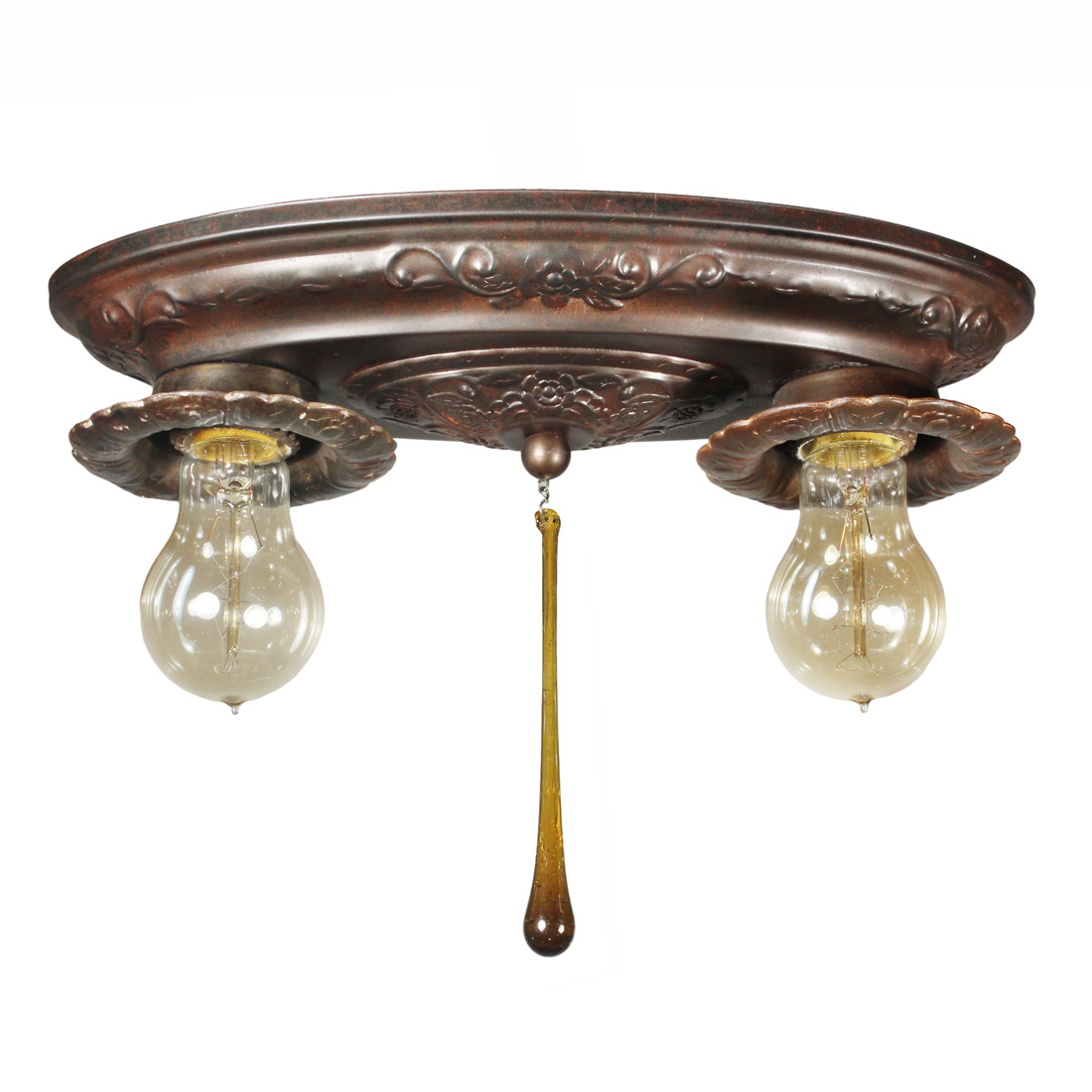 Antique Two-Light Flush Mount Fixture, Amber Green Prism