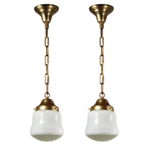 Matching Petite Antique Brass Pendant Lights with Glass Shades, c. 1930