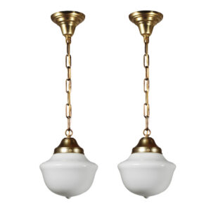 Matching Antique Brass Schoolhouse Pendant Lights, c. 1920