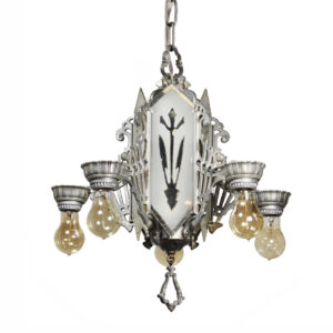Antique Art Deco Exposed Bulb Chandelier with Mirrored Glass Panels Antique Art Deco Exposed Bulb Chandelier with Mirrored Glass Panels