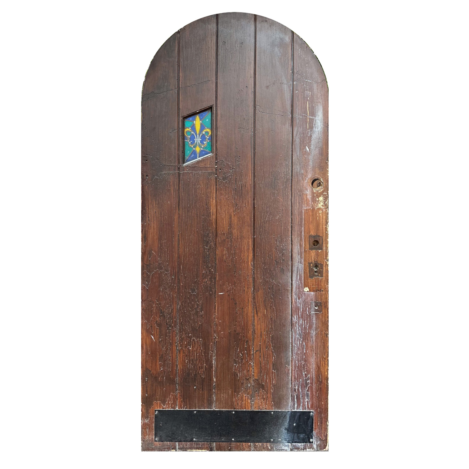 Arched 36″ Antique Plank Door with Stained Glass, Fleur De Lis
