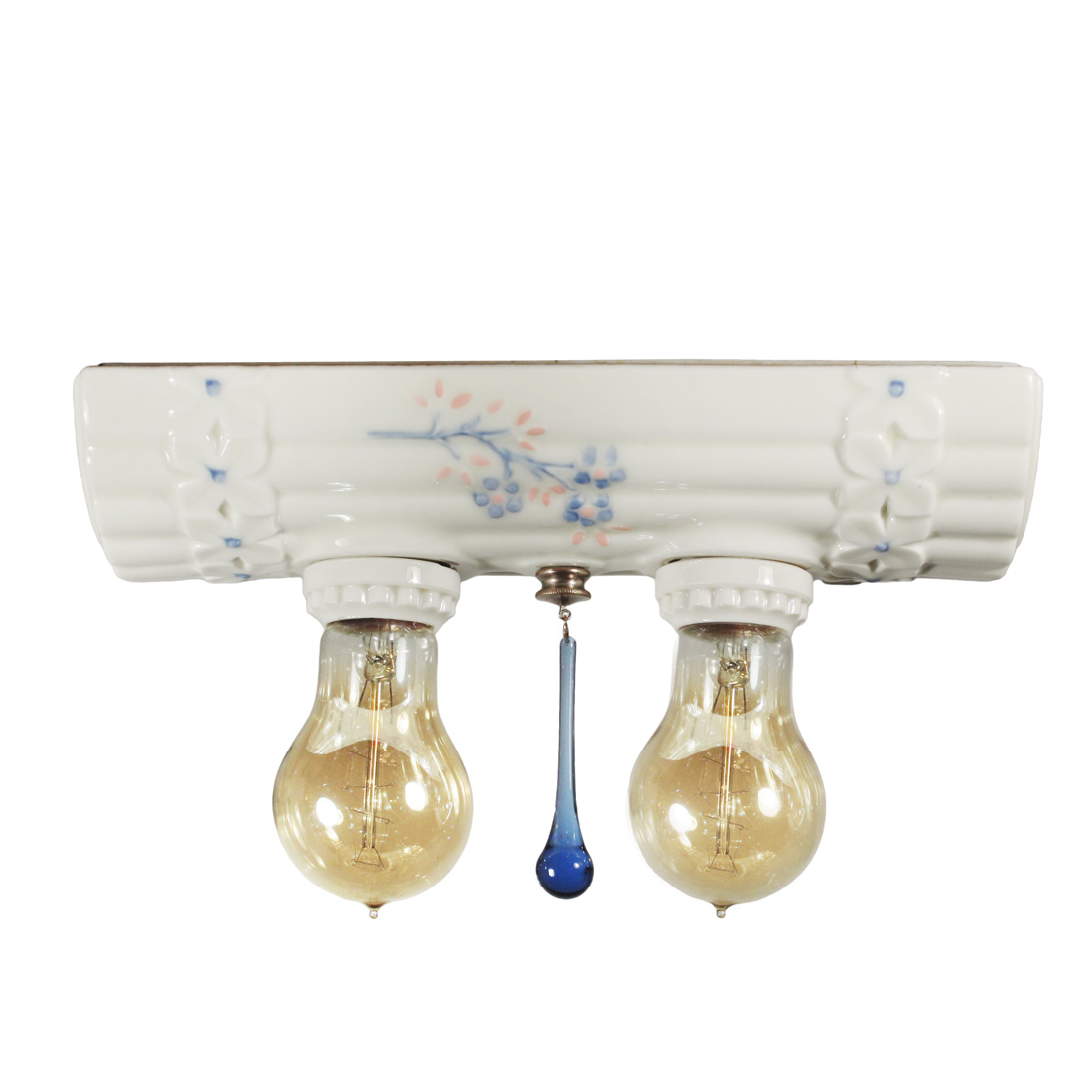 Antique Porcelain Two-Light Flush Light with Flowers