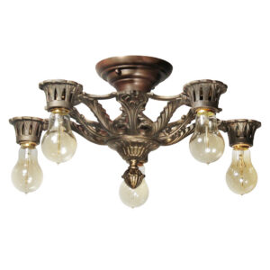 Antique Cast Iron Semi-Flush Chandelier with Exposed Bulbs, c.1920s