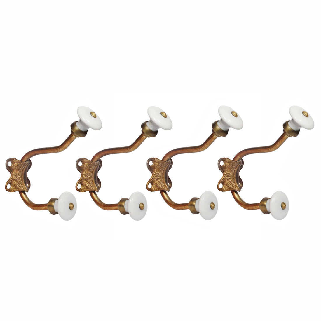 Matching New Old Stock Antique Brass Hooks, Porcelain Finials