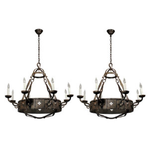 Matching Antique Cast Iron Eight-Light Tudor Chandeliers, c.1920s