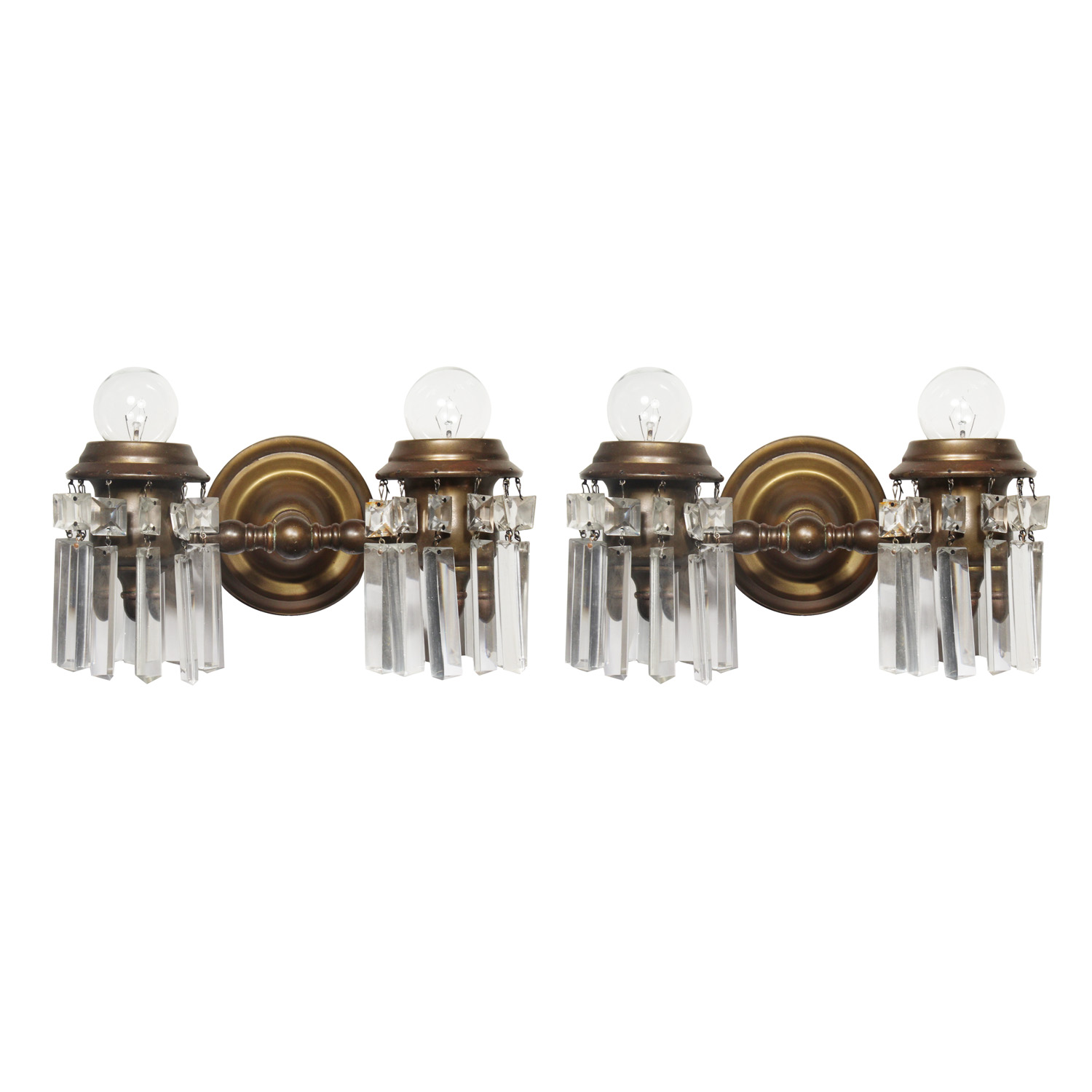 Antique Brass Double-Arm Sconce Pair with Prisms, c. 1900