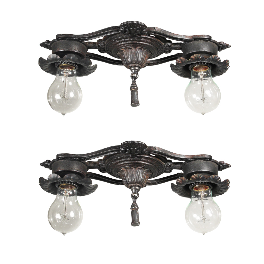 Matching Antique Cast Iron Exposed Bulb Flush Mount Fixtures, Lowry Electric Co.