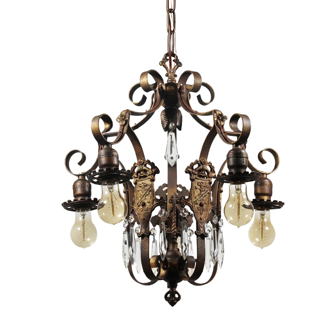 Antique Spanish Revival Five-Light Chandelier, Early 1900s