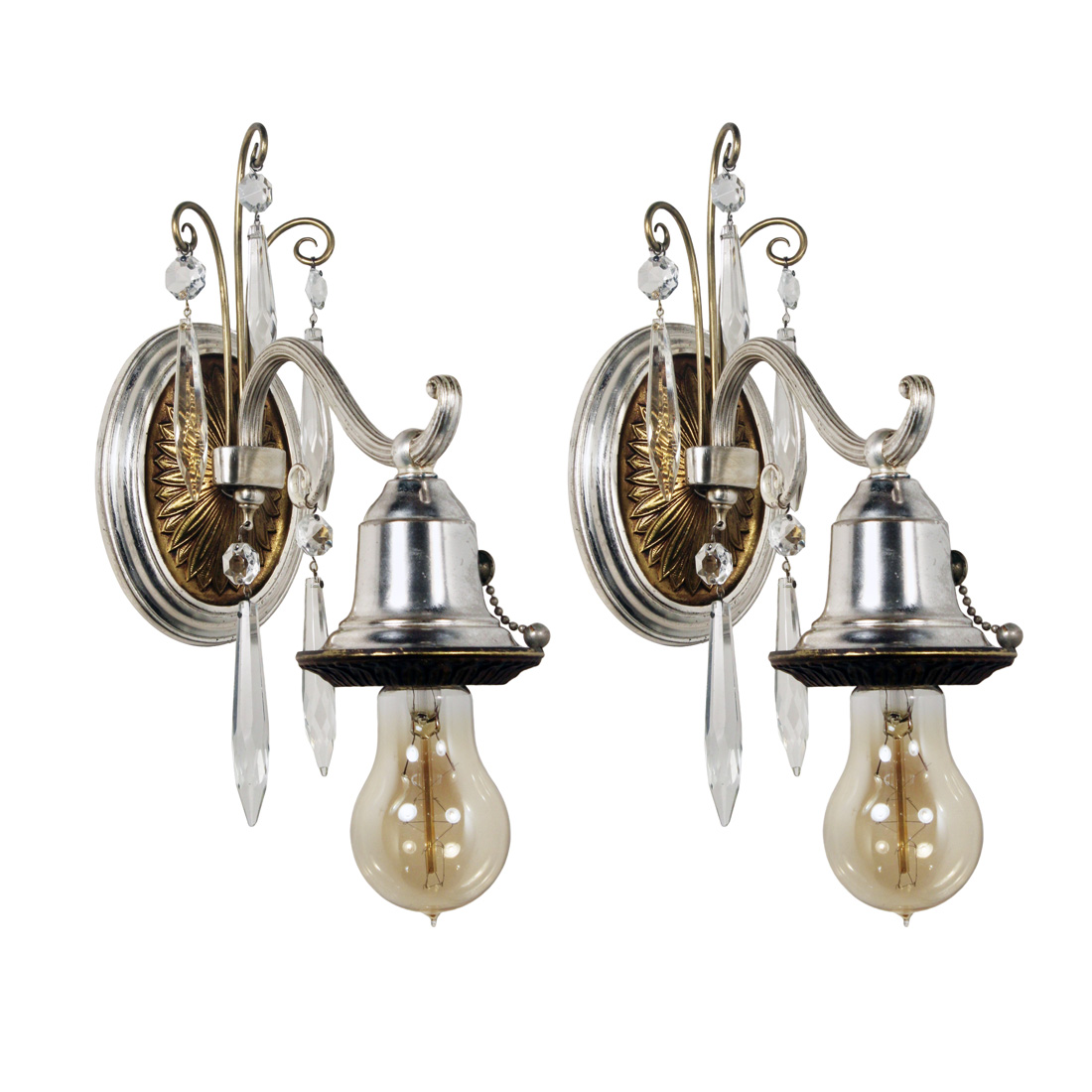 Pair of Antique Two-Tone Exposed Bulb Sconces, Prisms