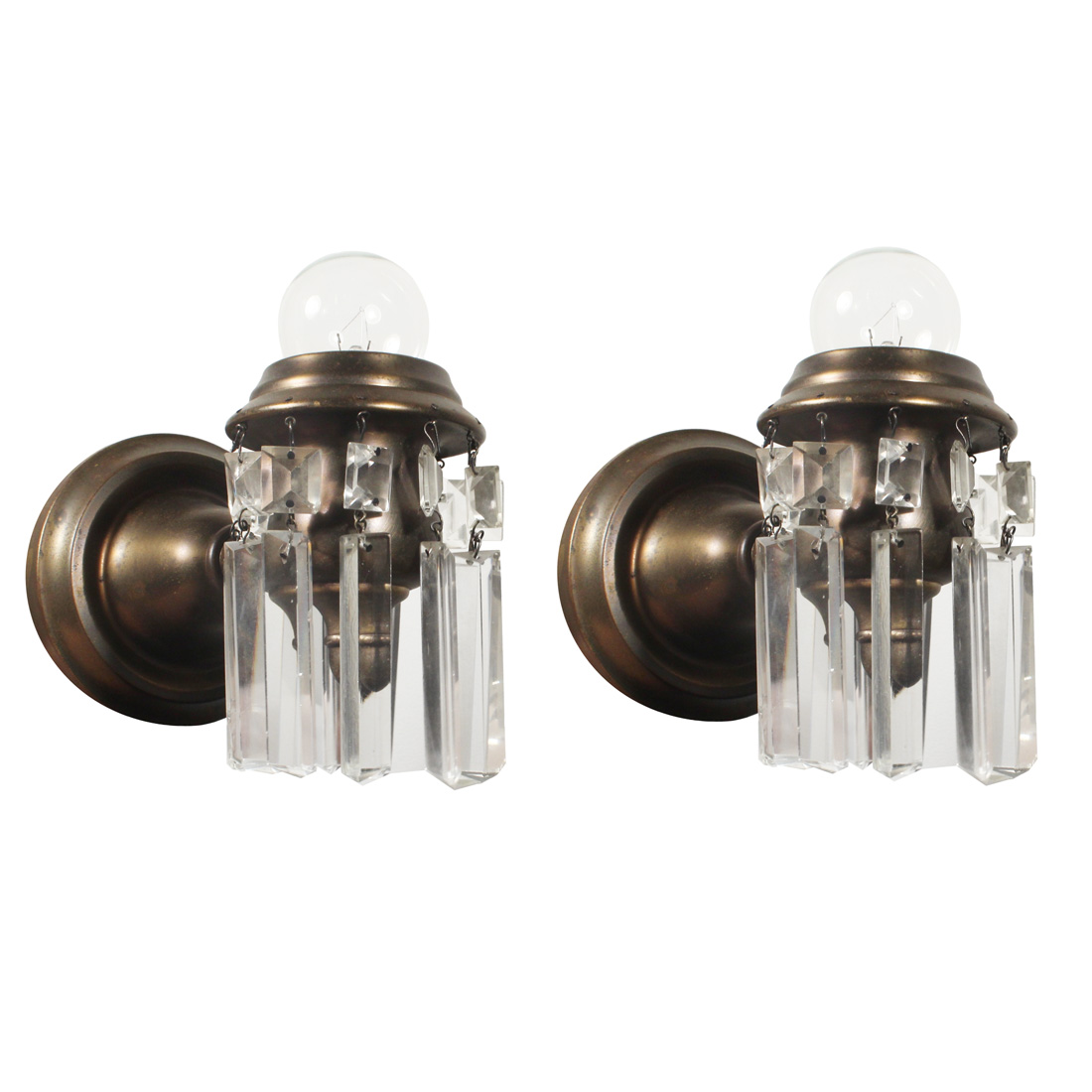Antique Brass Single-Arm Sconce Pair with Prisms, Early 1900s