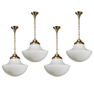 Matching Antique Brass Schoolhouse Pendant Lights, c. 1930 Matching Antique Brass Schoolhouse Pendant Lights, c. 1930