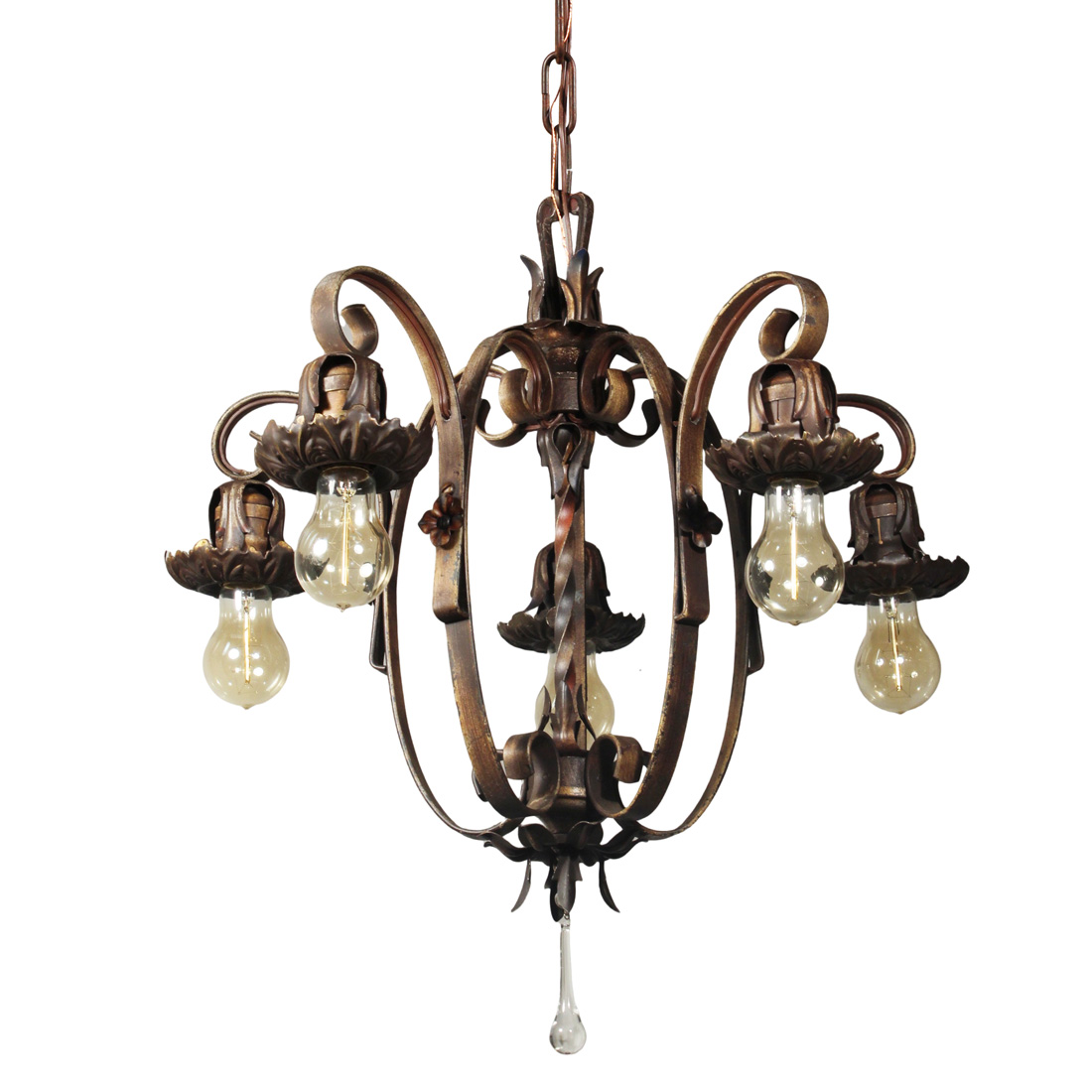 Antique Exposed Bulb Cast Iron Chandelier, Early 1900’s