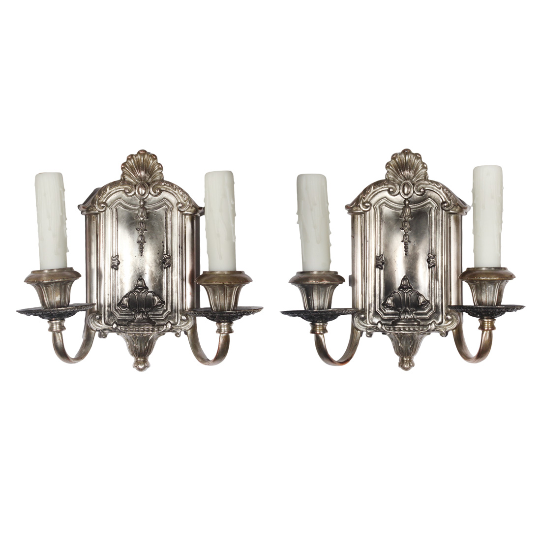 Pair of Antique Pewter Double-Arm Sconces, Empire