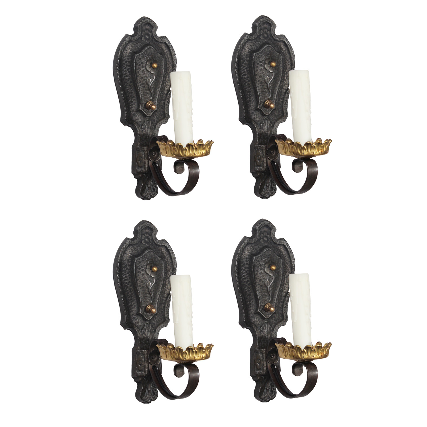 Matching Pairs of Antique Hammered Two-Tone Sconces, early 1900s