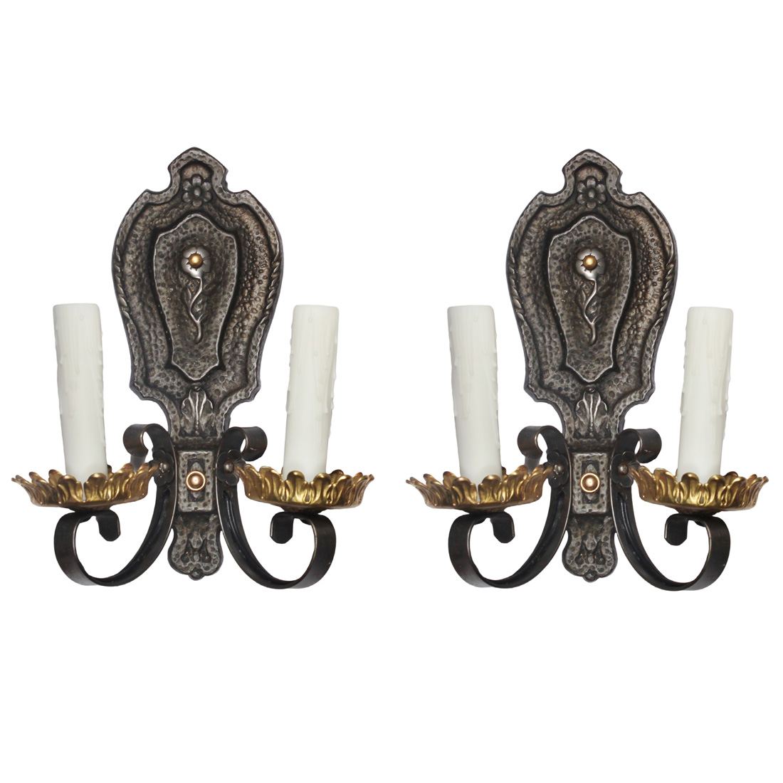 Antique Pair of Hammered Two-Tone Sconces, early 1900s