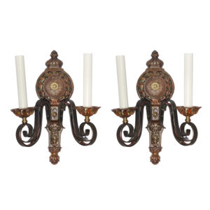 Pair of Antique Cast Iron Double-Arm Sconces, Polychrome