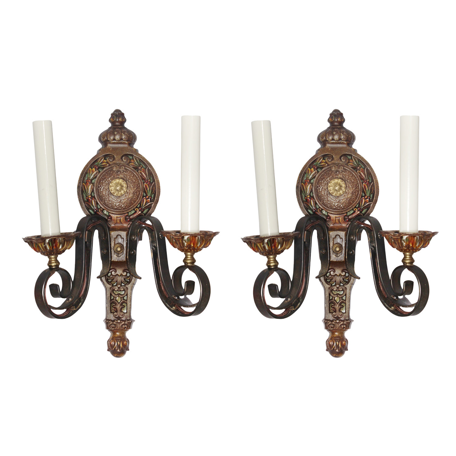 Pair of Antique Cast Iron Double-Arm Sconces, Polychrome