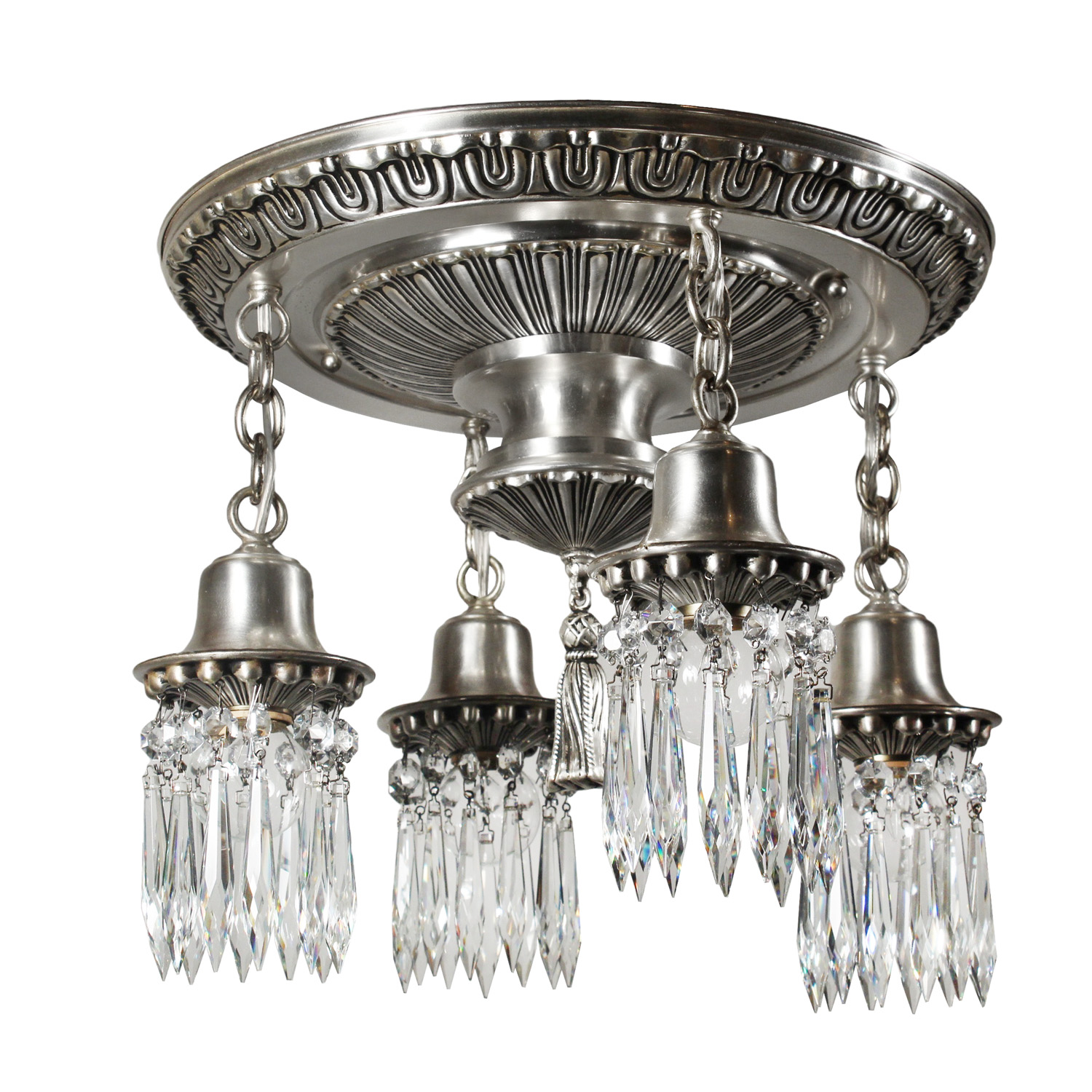 Antique Semi-Flush Four Light Chandelier with Prisms, Early 1900’s