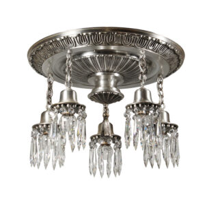 Antique Semi-Flush Five Light Chandelier with Prisms, c. 1920
