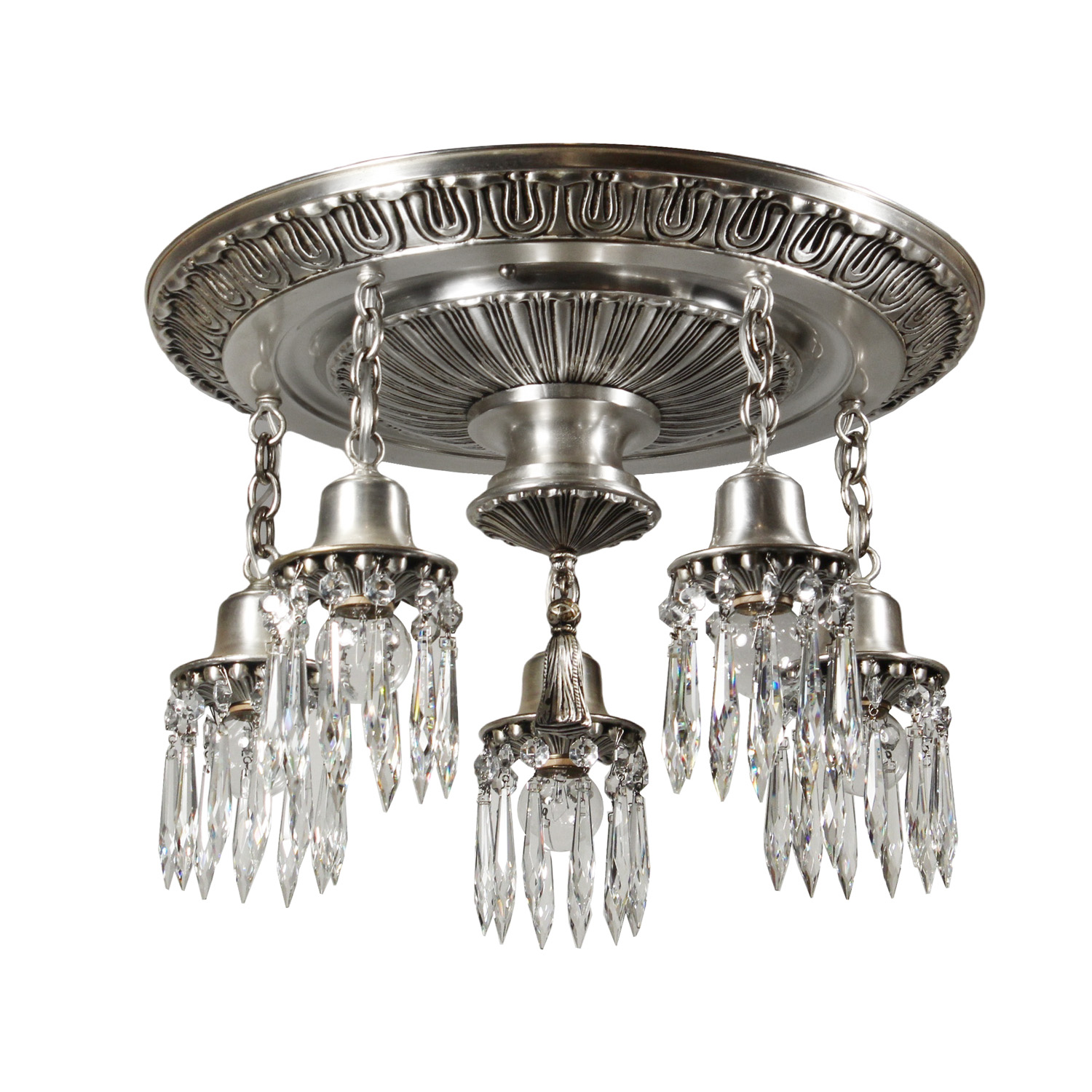 Antique Semi-Flush Five Light Chandelier with Prisms, c. 1920