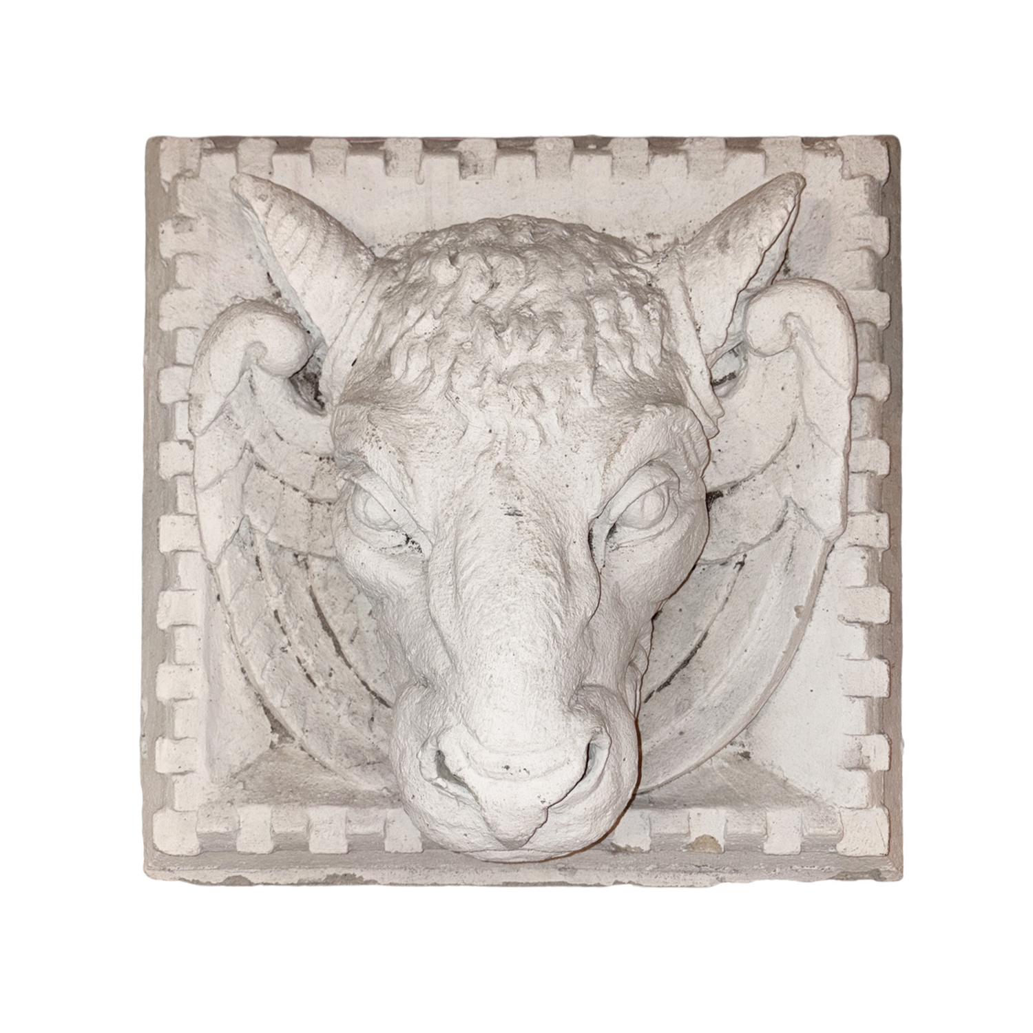 Antique Cast Stone Winged Ox Facade Ornament, c. 1912