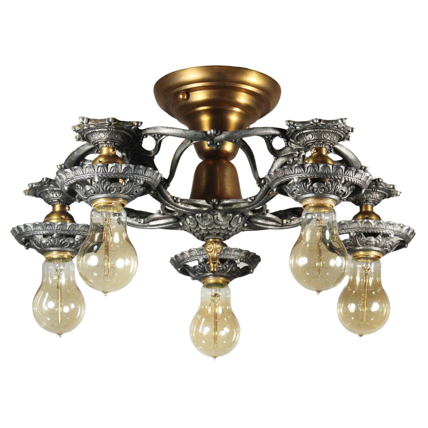Antique Five-Light Flush Mount Fixture with Exposed Bulbs