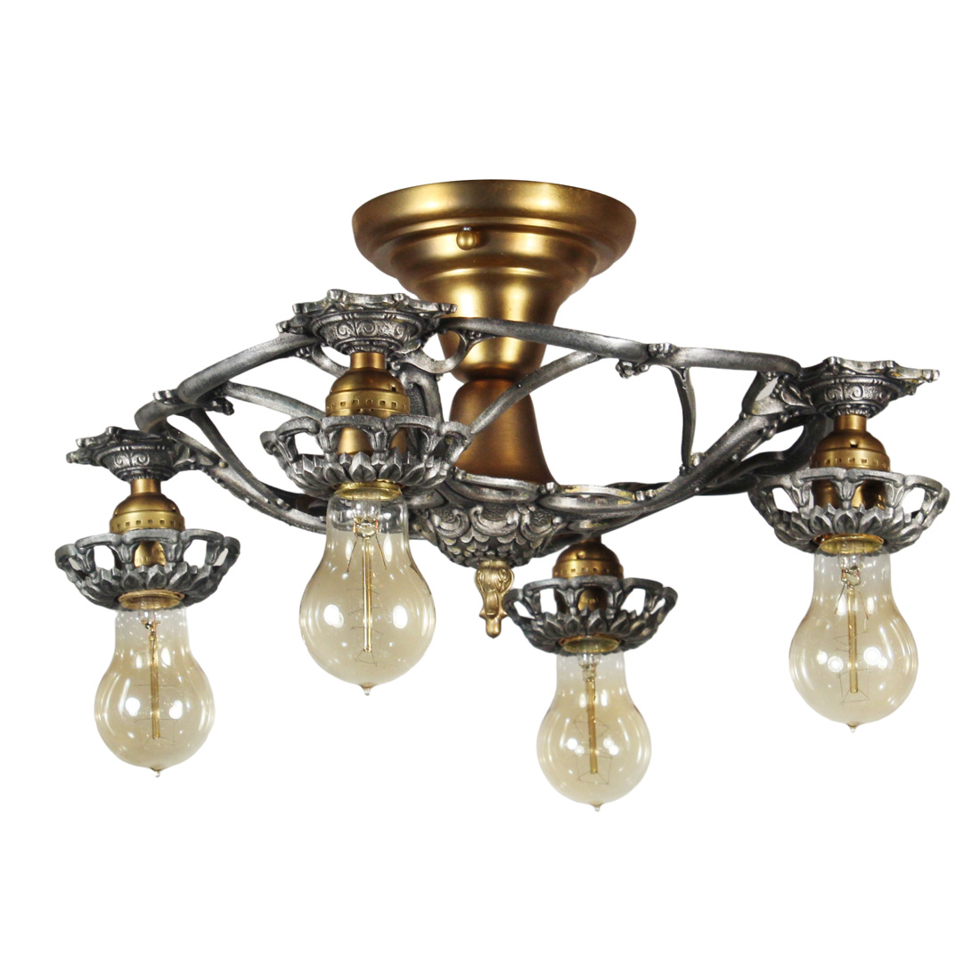 Antique Four-Light Flush Mount Fixture with Exposed Bulbs, Early 1900’s
