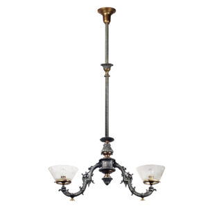 Antique Two-Light Gas Chandelier with Original Glass Shades, c. 1880