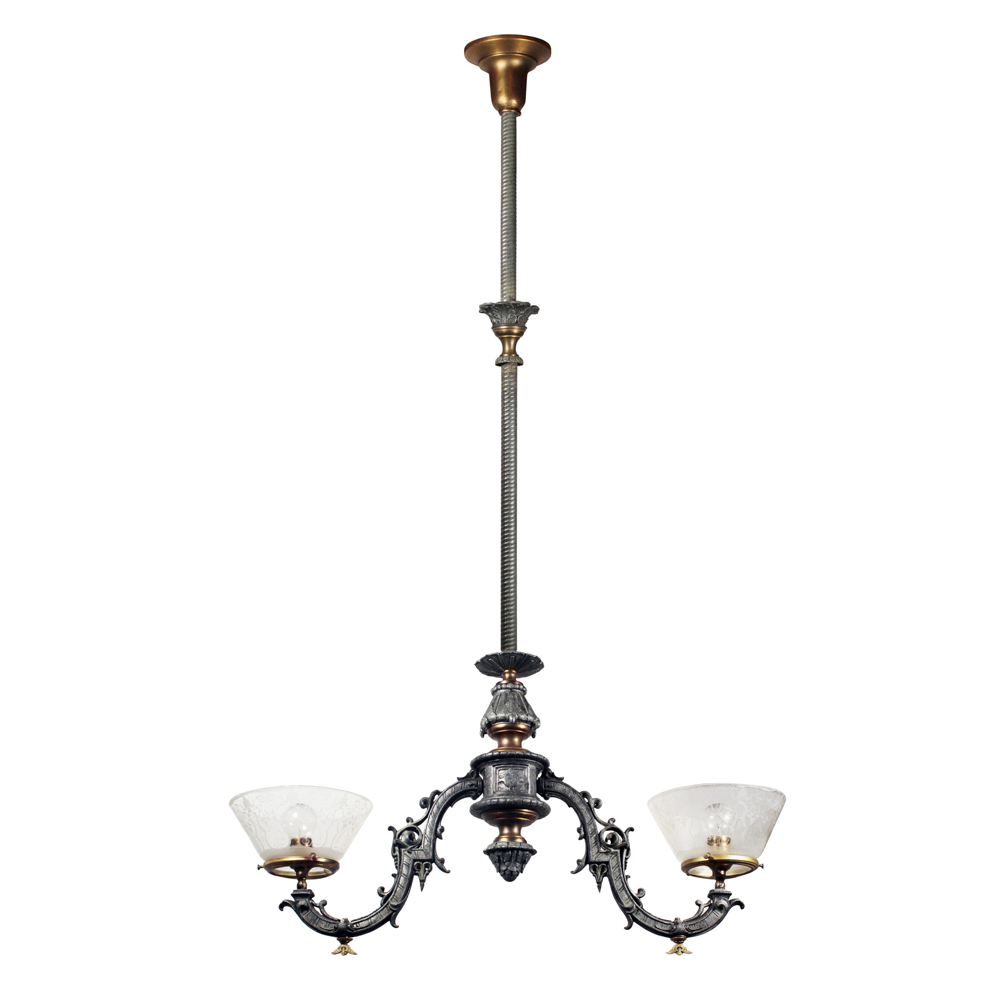 Antique Two-Light Gas Chandelier with Original Glass Shades, c. 1880